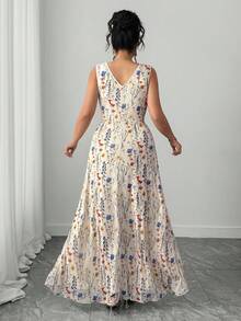 Elenzga Đầm maxi dáng chữ A không tay, cổ tròn, xếp ly, thắt eo, màu mơ, chất liệu lưới hoa thanh lịch dành cho nữ cỡ lớn, phù hợp cho các buổi họp mặt gia đình, trang phục dự tiệc cưới, tiệc tùng, đầm dự tiệc sang trọng. - Màu be - Xem 2