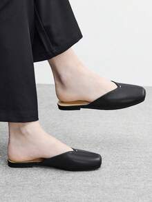 CUCCOO BIZCHIC 女士方头平底鞋，PU材质拼接设计，时尚简约舒适休闲乐福鞋 - 黑色 - 查看 3
