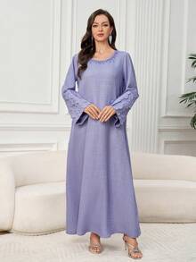 Al Najma Women's Solid Color Beaded Decor Round Neck Flare Sleeve Elegant Arabic Style Dress - Purple - View 4
