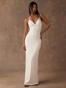 SHEIN BAE Đầm nữ màu trơn đính đá lấp lánh, kiểu dáng thanh lịch, ôm sát người. - Màu be - Xem 3