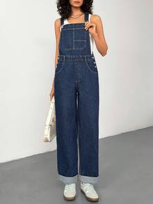 SHEIN Women Casual Straight Leg Denim Overall For Spring & Summer - Dark Wash - View 6