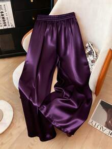Franclia Quần ống đứng bằng vải satin có dây rút cỡ lớn Quần cạp chun Quần vải satin màu tím Quần vải satin ống rộng Quần lụa nữ Quần lụa màu tím - Màu tím - Xem 2