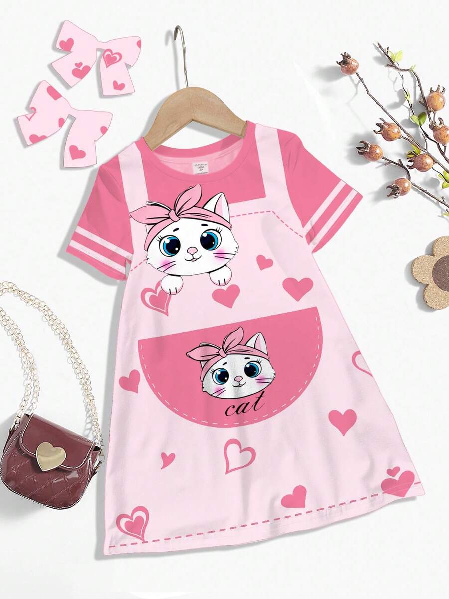 Đầm midi tay ngắn tối giản, in hình trái tim và mèo màu hồng dễ thương "Chill Chill Summer" dành cho bé gái, thích hợp cho mùa hè. - Nhiều màu - Xem 1