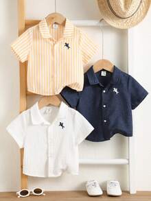 SHEIN 3件套男婴夏季休闲百搭格子、条纹、印花短袖衬衫套装，适合生日派对、锐舞派对、晚宴、演出、婚礼、迎婴派对、一周岁生日庆祝等场合。 - 彩色 - 查看 8