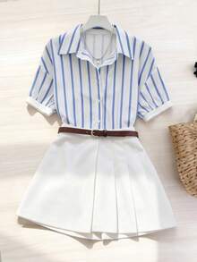 GlowEve 女士优雅夏季两件套，条纹衬衫搭配不对称荷叶边半裙，时尚百搭，适合夏季、返校、度假、约会、通勤、休闲、乡村派对、办公、职业装等场合。 - 白色 - 查看 3