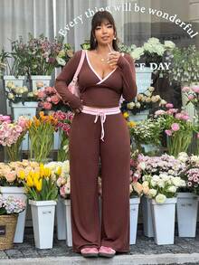 GalTyme 大码撞色性感长袖上衣和裤子两件套 - 咖啡棕 - 查看 6