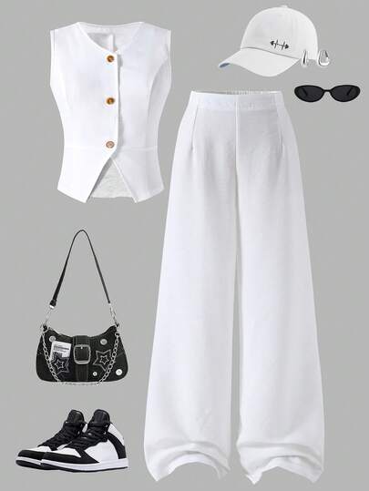 SHEIN 这款时尚优雅的V领单排扣无袖外套，高腰阔腿设计，宽松舒适，柔软实用，适合春秋夏季节穿着，可用于日常穿着、通勤、户外活动、运动、上学、街头穿搭、派对和摄影等场合。