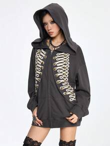 Grunge Punk SpringVintage Napoleon Style Embroidered Metal Button Hooded Sweatshirt Jacket - Dark Grey - View 5