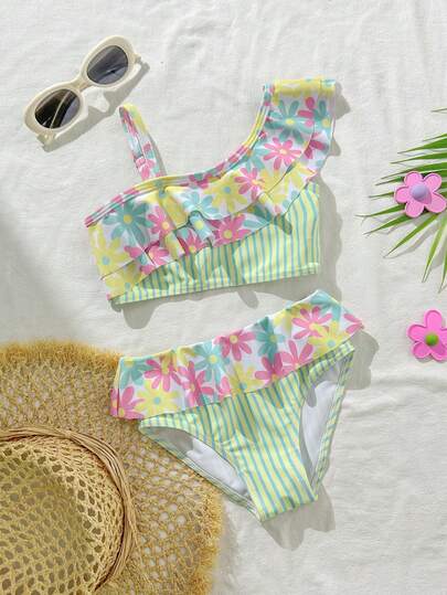 SHEIN Conjunto de traje de baño para niñas, con estampado floral a rayas, conjunto de traje de baño lindo adecuado para vacaciones y juegos en la playa