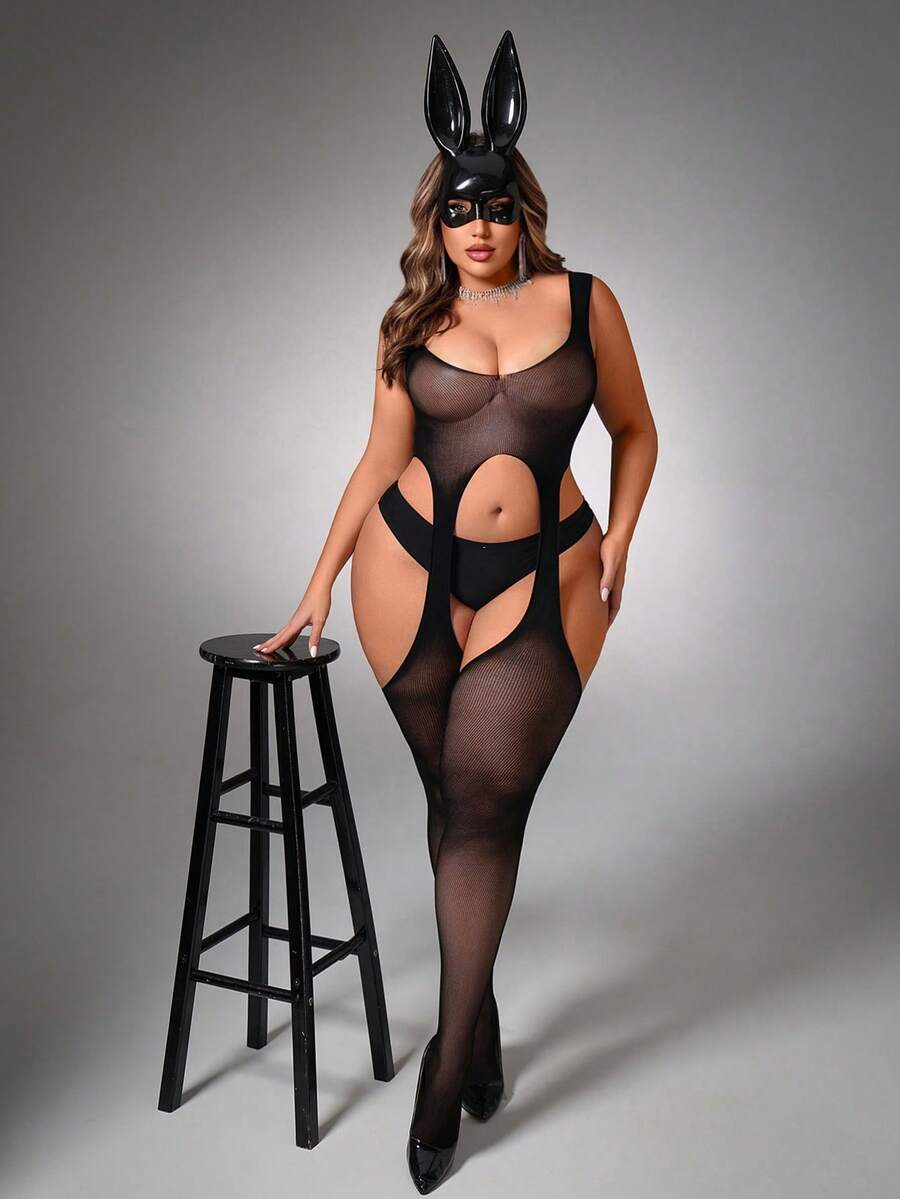 SpicyHot 加大码无缝超性感黑色镂空无裆连体紧身衣内衣