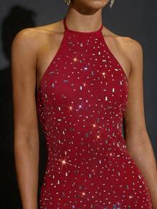 SHEIN BAE Elegant Dark Red Backless Long Bodycon Dress With Rhinestone Decor,Summer Party,Formal Occasions,Cocktail Party,Nightclub,Wedding Bridesmaid - Red - View 5