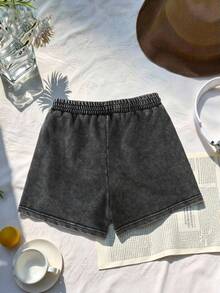 SHEIN Girls' Straight Leg Denim Shorts,Grey,Summer,Casual,City Break,Black Acid Wash,Loose Fit,Drawstring Waist,Versatile For School,Party,Vacation,Daily - Black - View 2