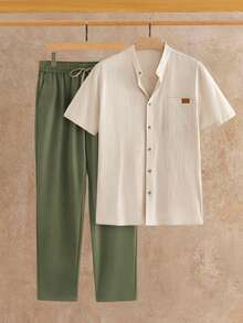 Manfinity VCAY Men's 2 Piece Linen Outfit,Summer Casual Holiday Vacation Army Green Pants Set,Stand Collar Short Sleeve Button Down Shirt & Drawstring Trousers Set - Apricot - View 13