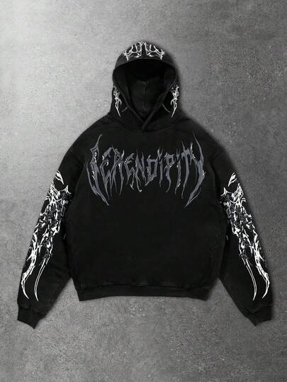 Street Life Herren Halloween Dunkel Metall Punk Stil Streetwear Loose Fit Totenkopf & Kreuz Muster Hoodie Sweatshirt