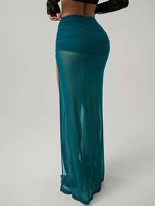 SHEIN ICON 女士时尚性感褶皱高开衩半身裙，夏季 - 水鴨藍 - 查看 5