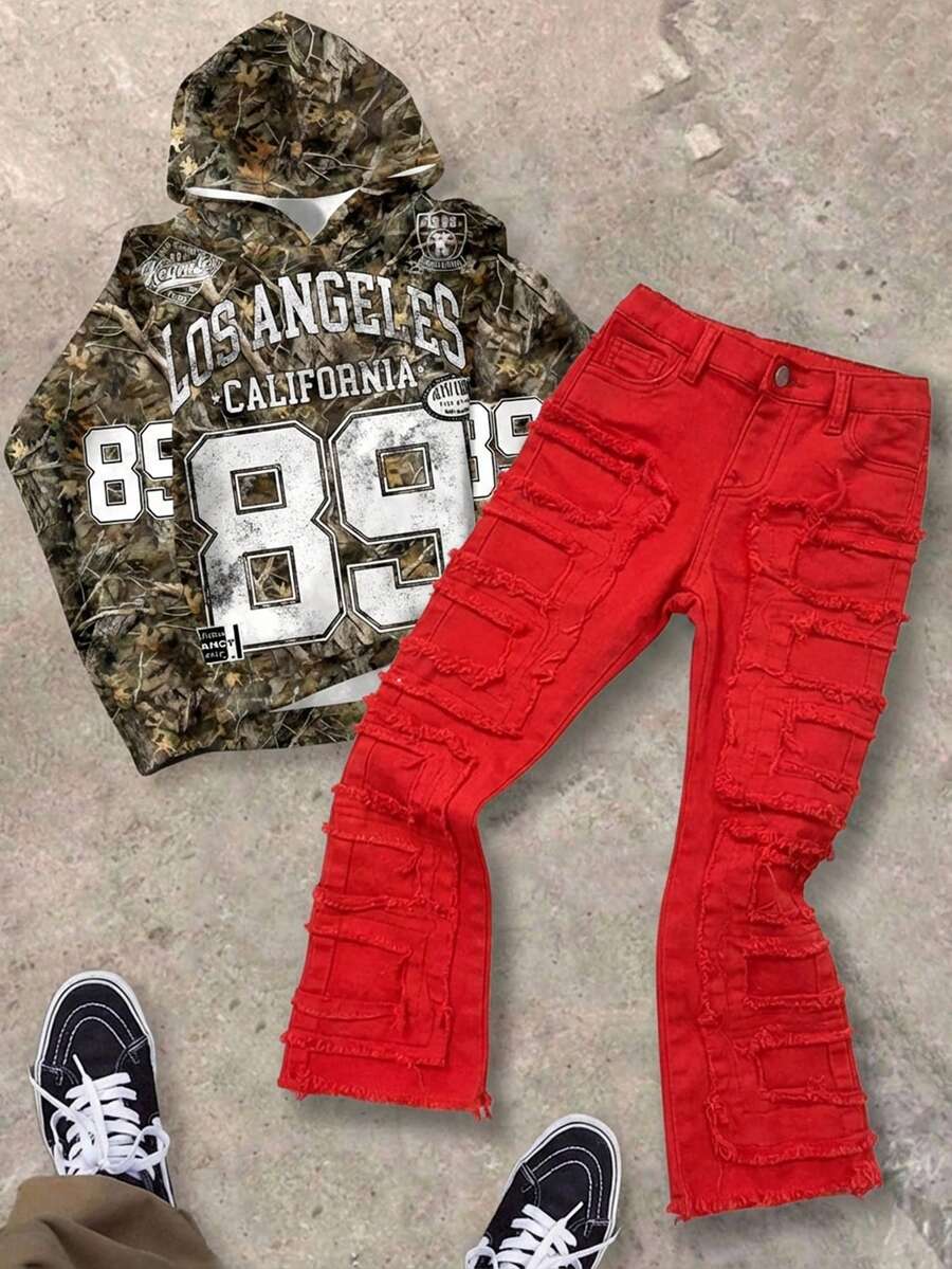 SHEIN Young BoyDesign Patch Brown Denim Elastic Skinny Pants - Red - View 1