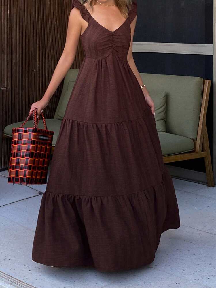 Women's Solid Color Ruffle Hem Dress Sun Dresses For Women