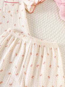 两件套少女荷叶边开衫短裤套装，蝴蝶印花，杏色，舒适面料，甜美夏日家居服 - 杏色 - 查看 6