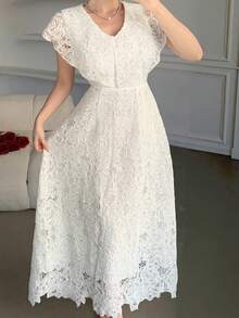 DAZY 女士优雅蕾丝领无袖长裙，夏季婚礼宾客礼服 - 白色 - 查看 8