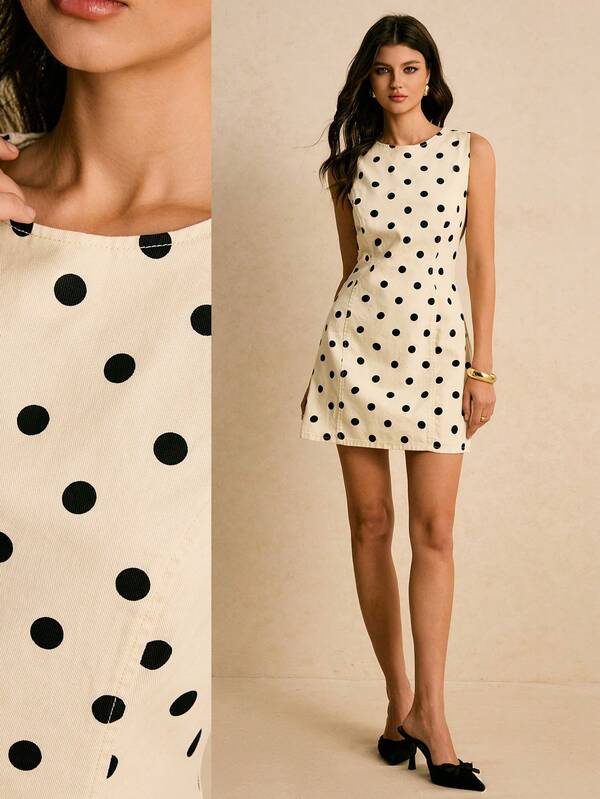 Poéselle Women's Casual Polka Dot Print Sleeveless Short Dress Polka Dot Dress Women Dresses For Women Polkadot Dress Pokadot Dress Mini Dresses Birthday Dresses For Women  Valentines Day Carnival Women Valentines Day Polka Dot Dress  Valentine