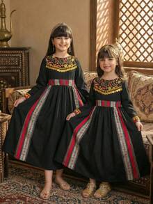 Tween Girl Black Autumn Boho Wedding Guest Dress Luxurious Retro Floral Gold Sequins Round Neck Elastic Waist Festive Occasion Luxurious Design - Black - View 3