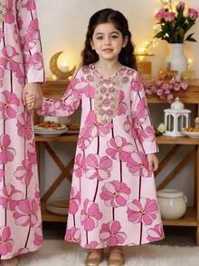 1pc 4-7 Years Old Girls Toddler Middle Eastern Style Floral Digital Print + Embroidery Trim Loose Long Sleeve Dress, Casual Versatile For Daily Wear/Party, Spring/Summer/Autumn Pink Modest Dress Flower Girl Dress Pink Floral Print Abaya Sets Girls Girl Long Sleeve Dress - Multicolor - View 1