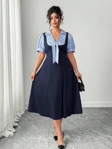 Elenzga Plus Size Fashionable Commuter Striped Shirt Dress - Multicolor - View 5