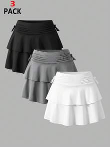SHEIN 三件套少女优雅褶皱迷你连衣裙,休闲褶皱腰身A字裙,内置安全短裤,百搭夏季沙滩裙,可搭配T恤、背心、Polo衫,四季皆宜 - 彩色 - 查看 4