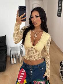 Coolane 女士秋季/四季街头风锐舞节波西米亚西部风Y2K辣妹蕾丝深V领长袖上衣 - 黃色 - 查看 4