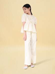 SUMWON Tween Puff Sleeve Blouse And Straight Leg Pants Co-Ord Set With Bow Ties And Polka Dot Pattern For Spring Summer Festive Occasionwear