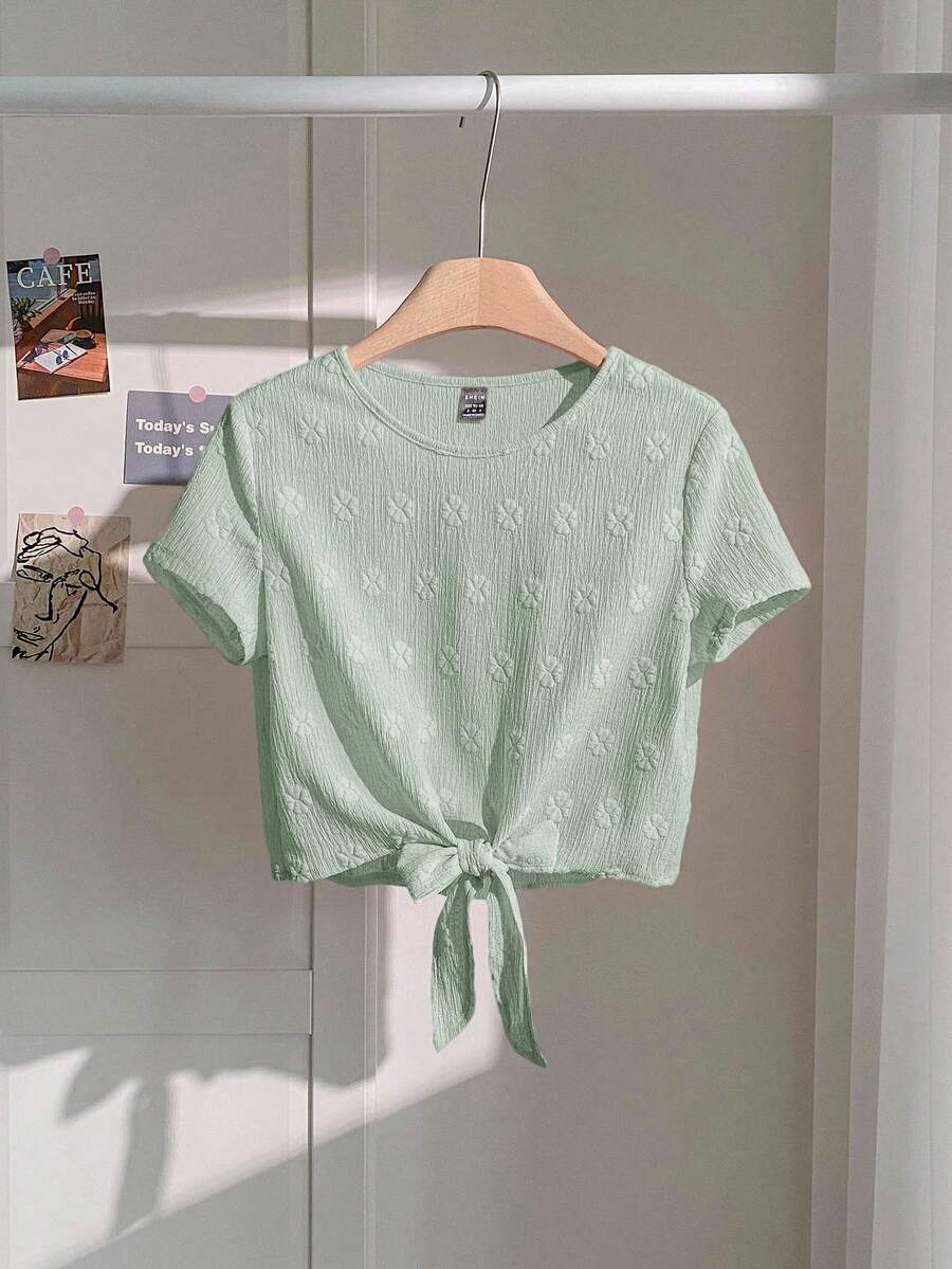 SHEIN LUNE Áo thun tay ngắn màu trơn, cổ tròn, kiểu dáng thường ngày, buộc dây, thích hợp cho mùa hè. - Màu xanh ngọc - Xem 1