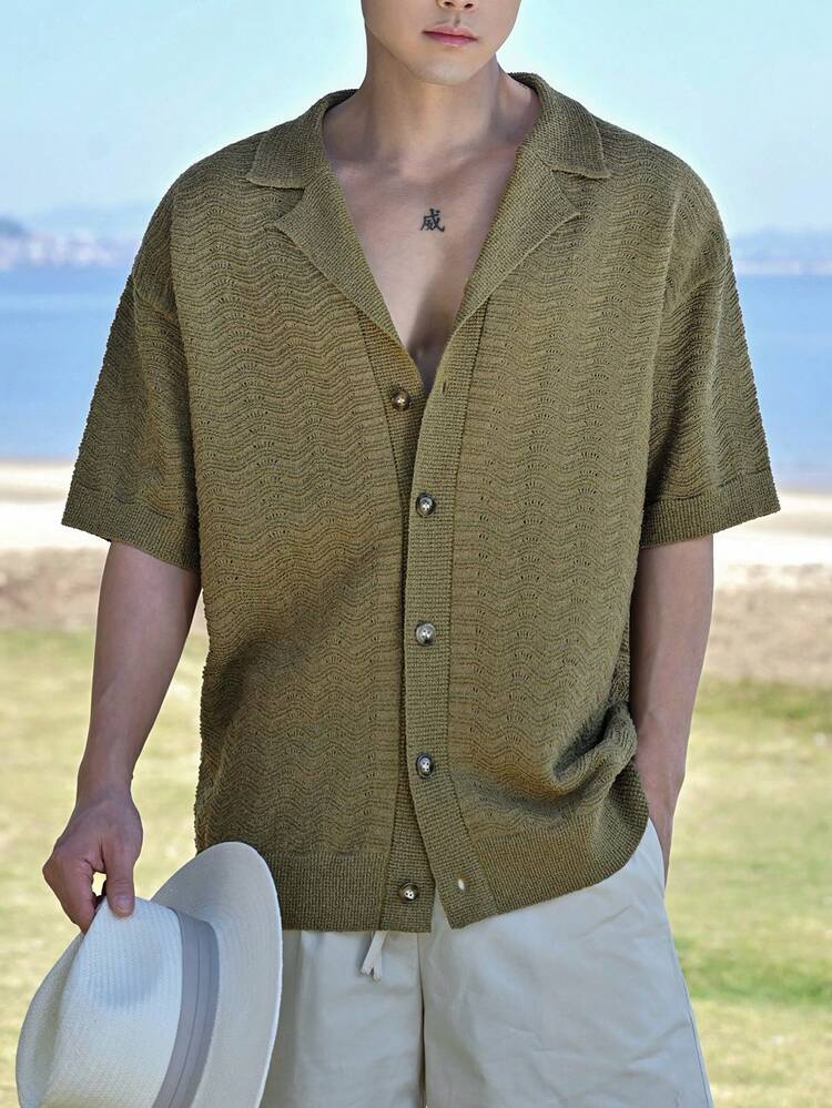 Men's Solid Green Vacation Style Cardigan Shirt, Summer