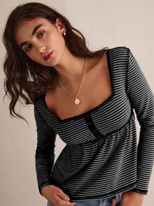 Easelle Vintage nomadischer, Washeder, abgenutzter Quadratkragen Spitzen-Patchwork Schwarz-Weiß gestreiftes Damen Top - Verschiedenfarbig - Übersicht 4