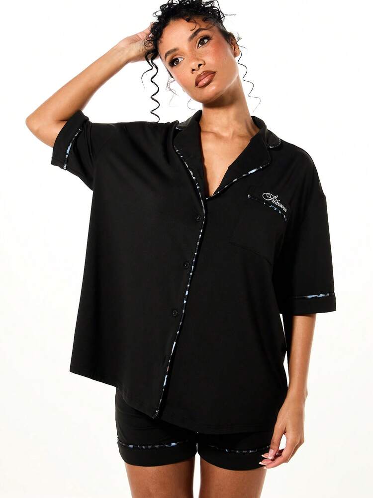 SUMWON WOMEN Satin Pajama Set With Animal Print Piping For Valentine's Day