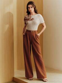 Anewsta Women's Elegant Top, Placement Print Pleated Loose T-Shirt - Apricot - View 6