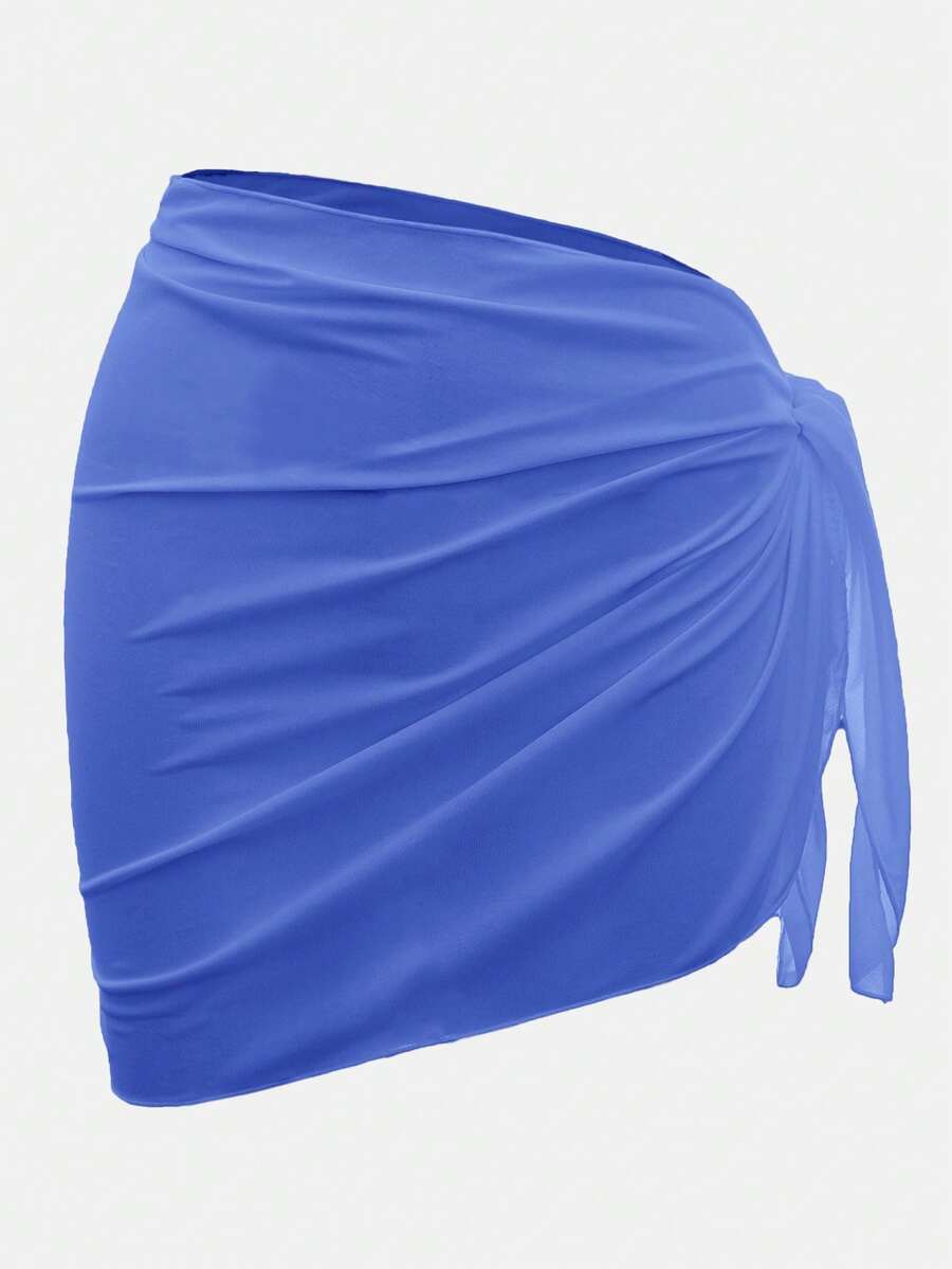 Swim Basics 女士纯色侧边打结罩衫迷你裙套装，度假装 - 藍色 - 查看 1