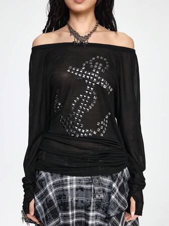 Grunge Punk Blusa transparente de manga larga con hombros descubiertos, estilo punk marino con remaches y ancla