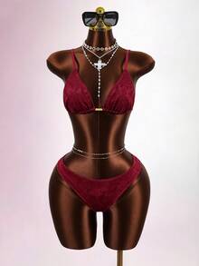 Zestiva 女士夏季度假休闲沙滩套装，纯色深红色四件套可调节比基尼套装，包括裹身式上衣、挂脖式上衣、蛋糕裙和泳衣 - 酒紅色 - 查看 3