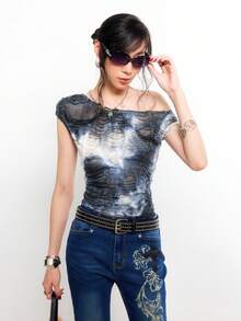 Bloopia Áo ôm dáng nhuộm tie-dye đen trắng dành cho nữ - Đen và trắng - Xem 5