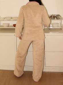 2 piezas Conjunto de pijama de manga larga casual y sencillo con costillas suaves y simples de crema de almendra Lowkey Lull, ropa de dormir minimalista unisex para mujeres - Albaricoque - Ver 2