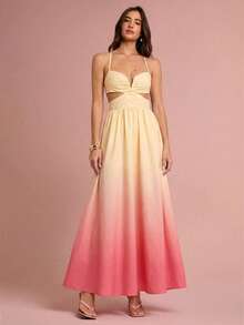 Enchnt Women's Ombre Spaghetti Strap Hollow Out Gradient Sleeveless Fashion Dress - Yellow - View 6