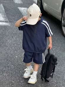 两件套儿童男童休闲日常舒适罗纹领半拉链套头衫和短裤梭织两件套POLO衫套装 - 黑色 - 查看 3