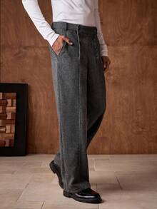 AKNOTIC Men's Wool Herringbone Pattern Wide Leg Pants,Light Grey Autumn Vintage Date High Waisted Button Placket Pocket Casual Baggy Dress Up Formal Pants - Black - View 3