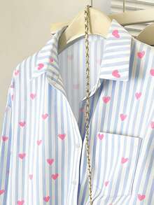Airaco Plus Size Women Striped Heart Print Long Sleeve Single-Breasted Pocket Shirt - Baby Blue - View 3