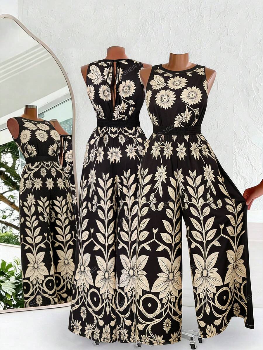Ellevyn Große Größen Sommer Lässig Jumpsuit mit Blume Muster ohne Ärmel - Verschiedenfarbig - Übersicht 1