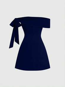 Sweetra Đầm đỏ gợi cảm trễ vai thanh lịch với các chi tiết thiết kế tinh tế, phù hợp cho mùa xuân và mùa thu. - Màu xanh hải quân - Xem 2