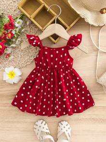 SHEIN Newborn Baby Girl Casual Vacation Cute Red Polka Dot Flutter Sleeve Dress - Red - View 1