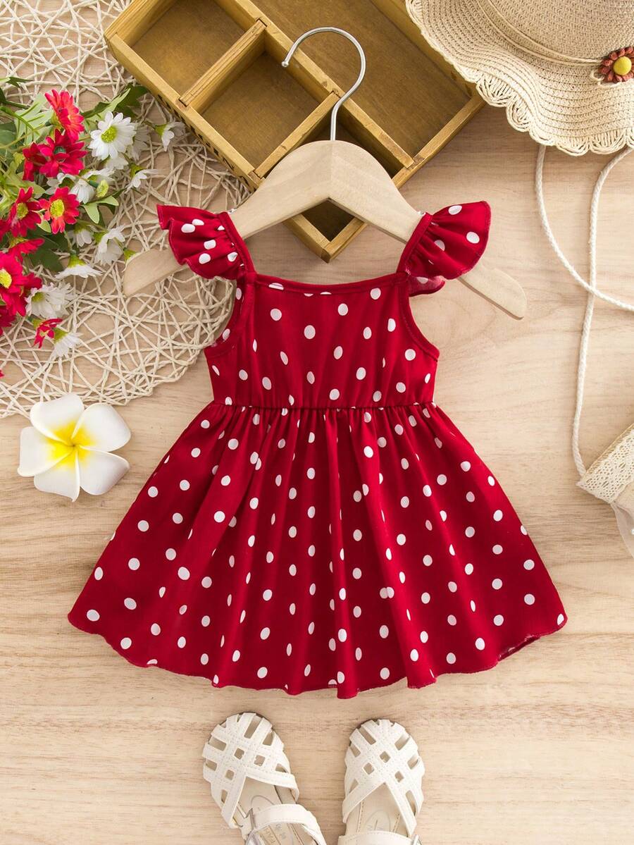 SHEIN Newborn Baby Girl Casual Vacation Cute Red Polka Dot Flutter Sleeve Dress - Red - View 1