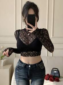 DAZY Women's Lace Round Neck Long Sleeve Cropped Fitted Sexy Fashionable Top - Black - View 6