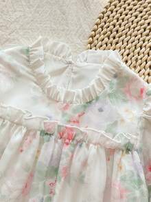 SHEIN Vintaside Kids 女童优雅公主风荷叶边领泡泡袖提花刺绣双层荷叶边下摆宽松公主裙，适合度假、旅行、派对、送礼、春秋季穿着。 - 粉色 - 查看 7